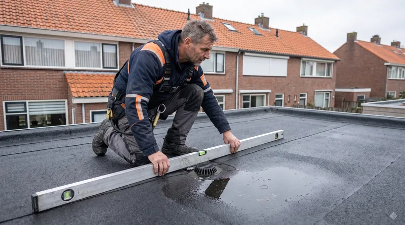 Afschot meten op een plat dak Dakdekker Bart Veldhuis legt een lange waterpas op een plat dak om het afschot naar de afvoer te meten, met een plas regenwater aan één kant