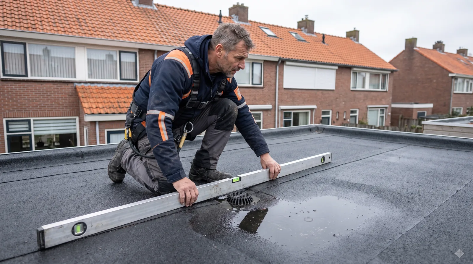 Afschot meten op een plat dak Dakdekker Bart Veldhuis legt een lange waterpas op een plat dak om het afschot naar de afvoer te meten, met een plas regenwater aan één kant