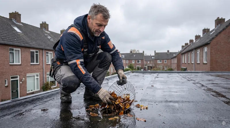Bladvanger op de afvoer van een plat dak Dakdekker Bart Veldhuis haalt herfstbladeren uit de hemelwaterafvoer van een plat dak en plaatst er een metalen bladvanger op