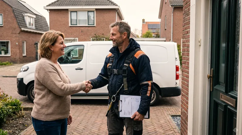 Afspraak met een betrouwbare dakdekker Dakdekker Bart Veldhuis geeft een bewoner een hand bij de voordeur, met de getekende offerte onder zijn arm en zijn bus op de oprit