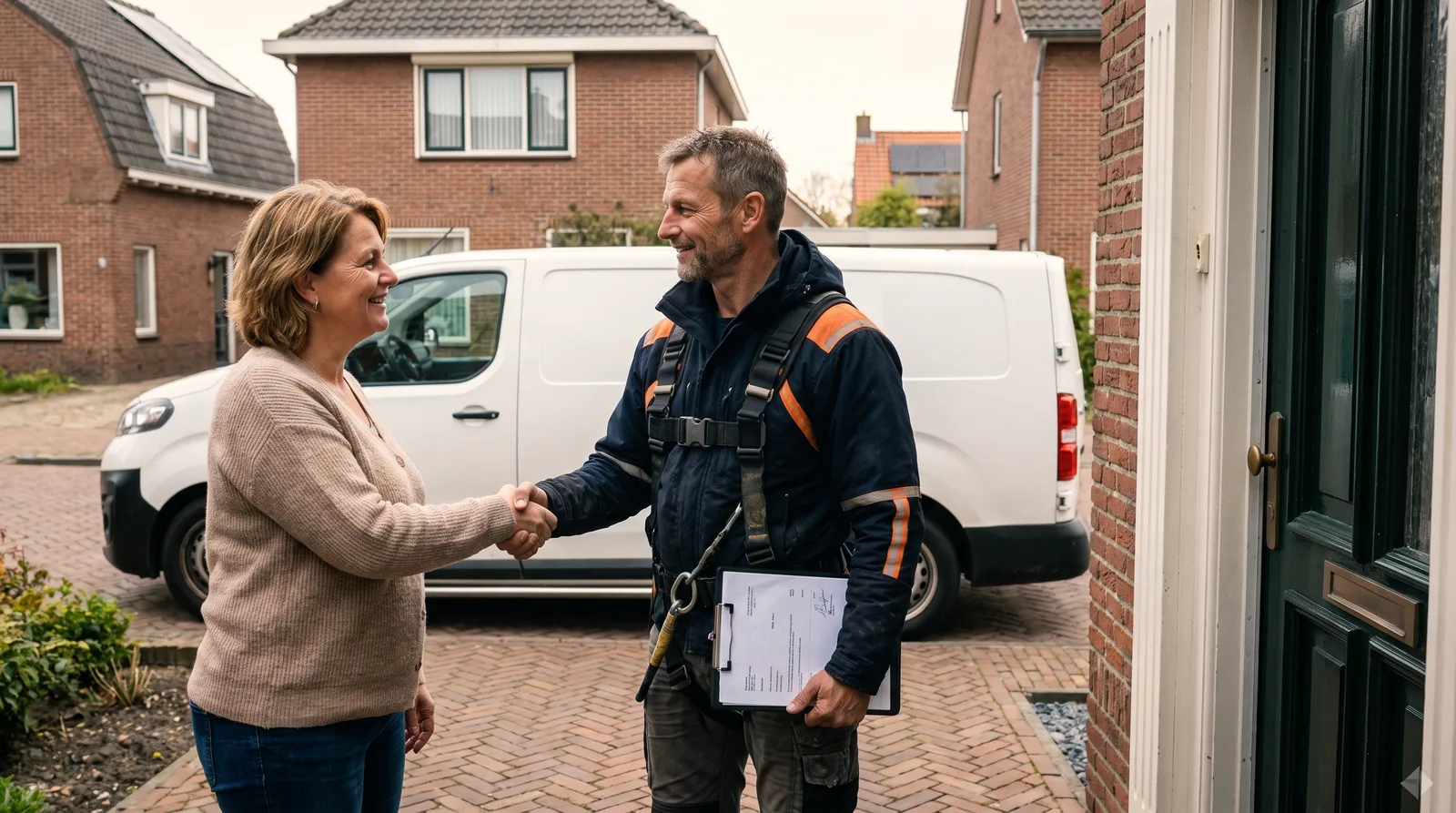 Dakdekker Bart Veldhuis geeft een bewoner een hand bij de voordeur, met de getekende offerte onder zijn arm en zijn bus op de oprit