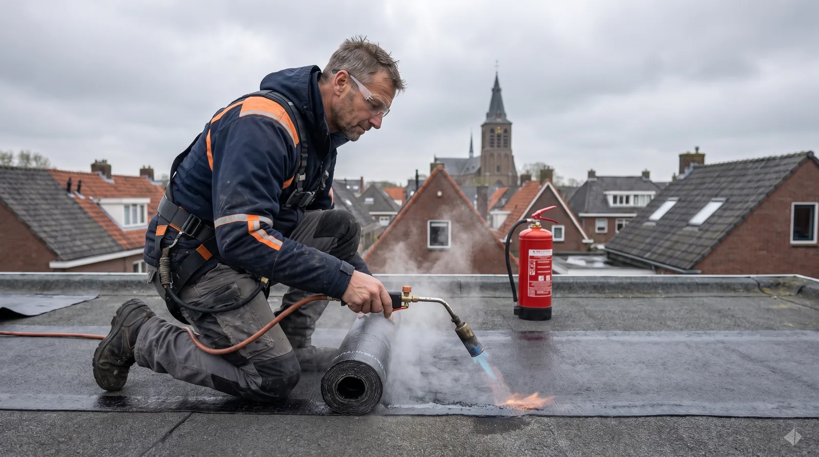 Bitumen dakbedekking branden op een plat dak Dakdekker Bart Veldhuis brandt een rol bitumen dakbedekking vast met een gasbrander, veiligheidsbril op en een brandblusser binnen handbereik