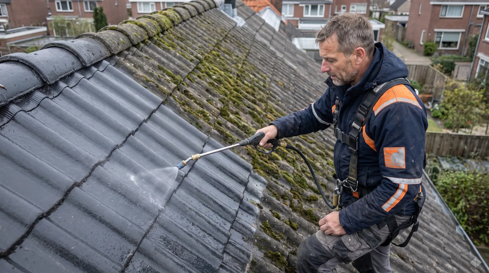 Dakdekker Bart Veldhuis spuit een transparante coating op schoongemaakte dakpannen, met de helft van het dak nog bemost