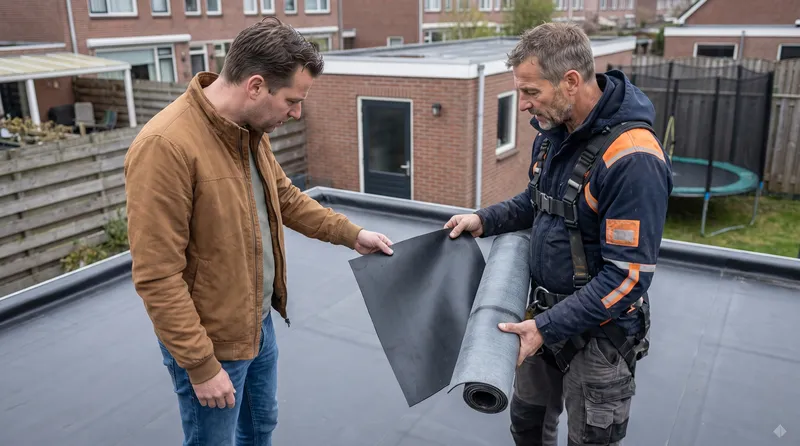 EPDM of bitumen: dakdekker laat stalen zien Dakdekker Bart Veldhuis laat een bewoner twee stalen zien, zwart EPDM en grijs bitumen, op het platte dak van een garage