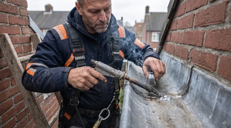 Lekkende zinken dakgoot solderen Dakdekker Bart Veldhuis soldeert een lekkende naad in een zinken dakgoot vanaf een ladder tegen een bakstenen gevel