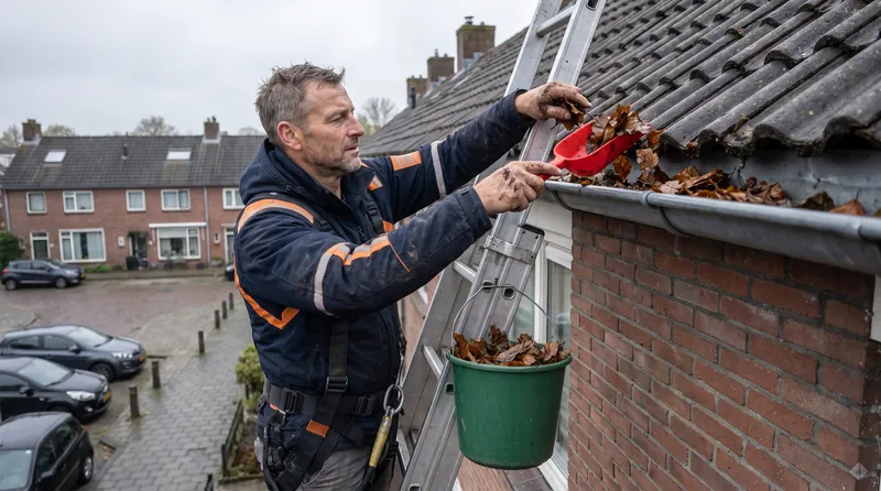Dakgoot schoonmaken in de herfst Dakdekker Bart Veldhuis schept vanaf een ladder natte herfstbladeren en mos uit een dakgoot in een emmer, met herfstbomen in de straat
