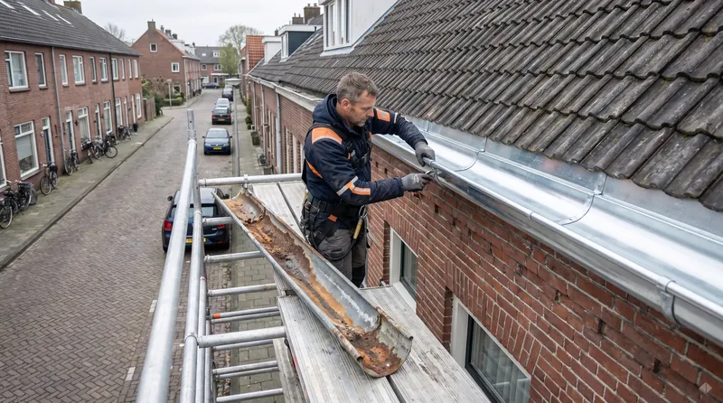 Nieuwe zinken dakgoot op een rijtjeswoning Dakdekker Bart Veldhuis monteert vanaf een steiger een nieuwe zinken dakgoot langs de gevel van een rijtjeswoning, met een oude gecorrodeerde goot op de steiger