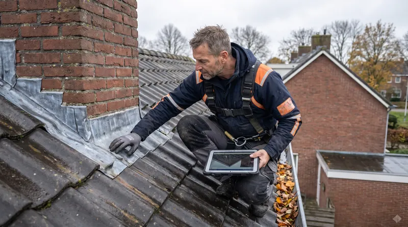 Dakinspectie: loodwerk rond de schoorsteen controleren Dakdekker Bart Veldhuis controleert gehurkt naast de schoorsteen het loodwerk van een pannendak, met herfstbladeren in de goot