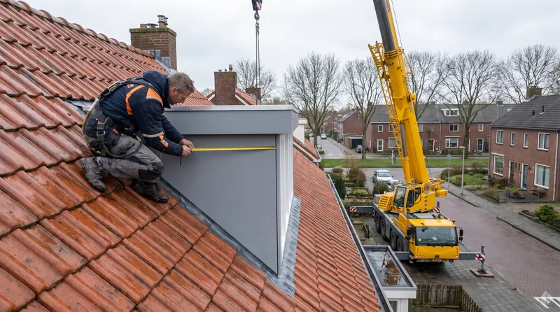 Dakkapel plaatsen: opmeten op het dak Dakdekker Bart Veldhuis meet een nieuwe prefab dakkapel op het pannendak van een jaren-30 woning, met een kraan op de achtergrond