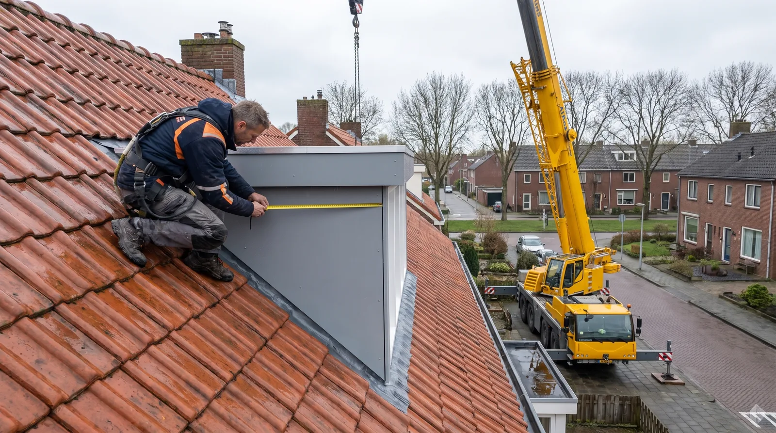 Dakdekker Bart Veldhuis meet een nieuwe prefab dakkapel op het pannendak van een jaren-30 woning, met een kraan op de achtergrond