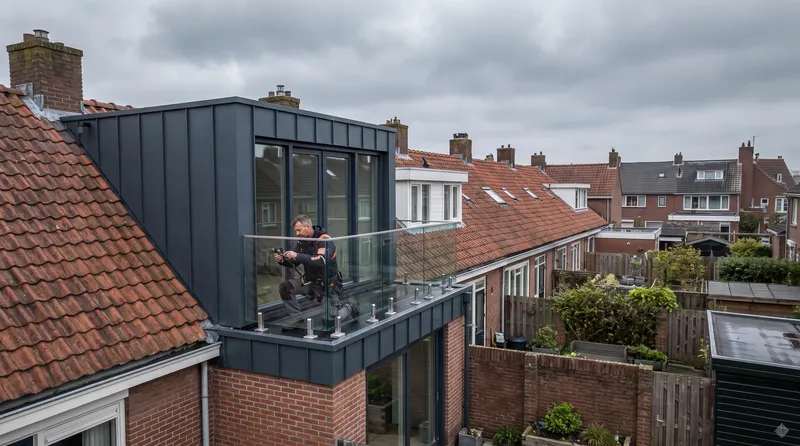 Dakkapel met balkon aan de achterkant Dakdekker Bart Veldhuis controleert de bevestiging van de glazen balustrade op het balkon van een moderne donkergrijze dakkapel aan de achterkant van een rijtjeswoning