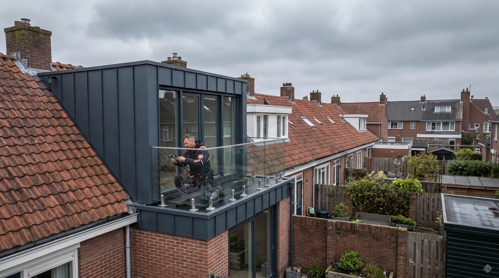 Dakdekker Bart Veldhuis controleert de bevestiging van de glazen balustrade op het balkon van een moderne donkergrijze dakkapel aan de achterkant van een rijtjeswoning