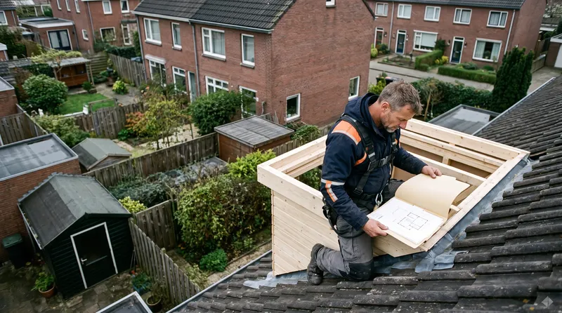 Vergunningsvrije dakkapel aan de achterkant Dakdekker Bart Veldhuis plaatst een dakkapel aan de achterkant van een jaren-30 woning, met de achtertuinen zichtbaar en tekeningen in zijn hand
