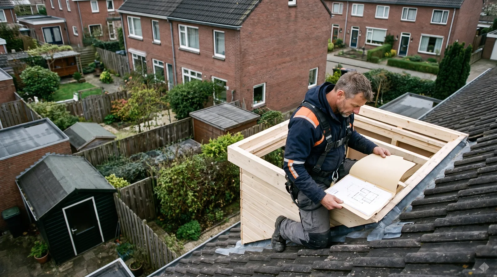 Dakdekker Bart Veldhuis plaatst een dakkapel aan de achterkant van een jaren-30 woning, met de achtertuinen zichtbaar en tekeningen in zijn hand
