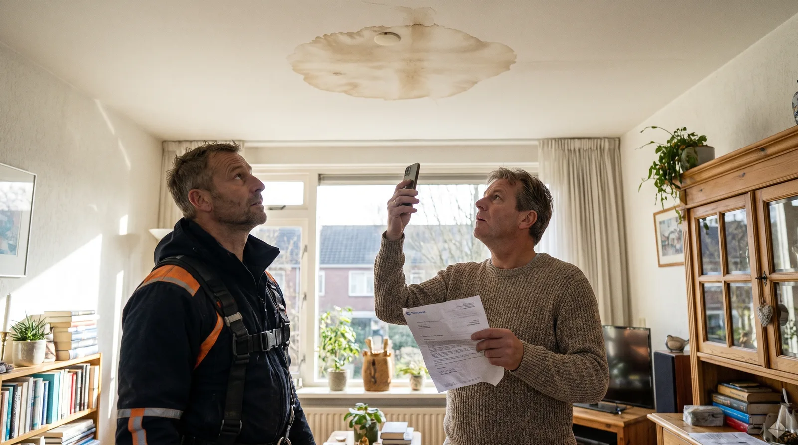 Dakdekker Bart Veldhuis en een bewoner kijken in een woonkamer naar een bruine vochtplek op het plafond, de bewoner met telefoon en een brief van de verzekeraar