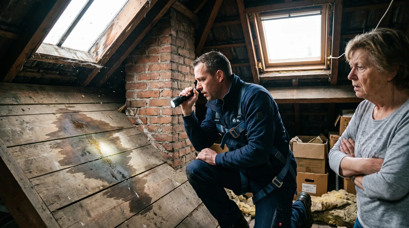 Daklekkage opsporen op zolder bij de schoorsteen Dakdekker Bart Veldhuis bekijkt met een zaklamp een vochtplek op het dakbeschot bij de schoorsteen op zolder, de bewoner kijkt mee
