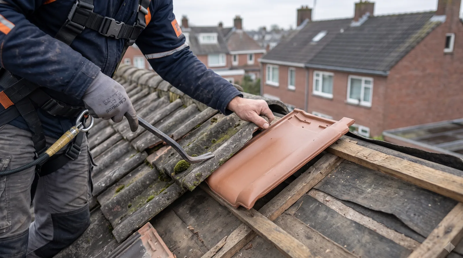 Handen van dakdekker Bart Veldhuis die een gebarsten, bemoste betonpan vervangen door een nieuwe keramische dakpan
