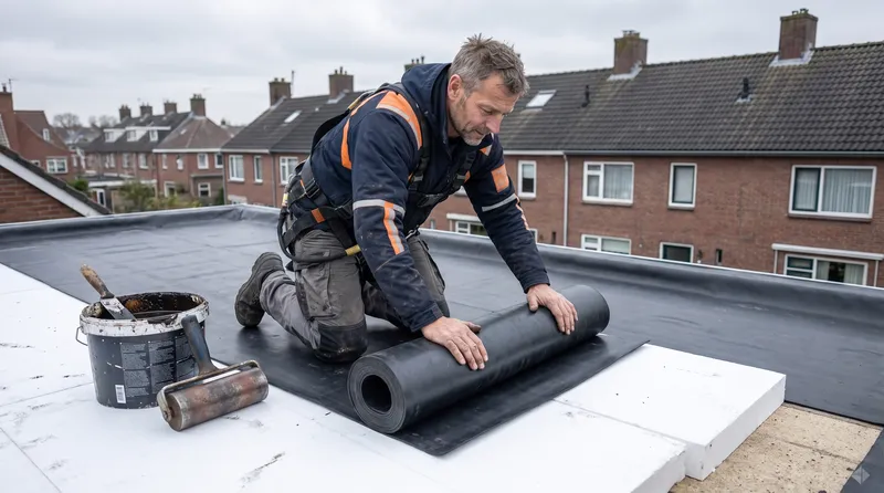 EPDM-dakbedekking aanbrengen op een geïsoleerd dak Dakdekker Bart Veldhuis drukt een rol EPDM-rubber aan op een geïsoleerd plat dak, met lijm en aandrukrol naast hem