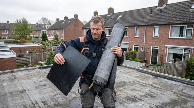 EPDM en bitumen naast elkaar vergeleken Dakdekker Bart Veldhuis houdt op een plat dak een stuk zwart EPDM-rubber en een rol grijze bitumen naast elkaar om ze te vergelijken