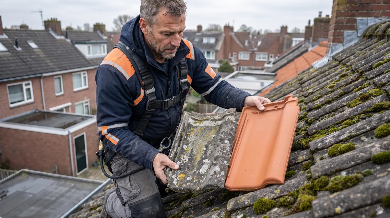 Oude betonpan naast nieuwe keramische dakpan Dakdekker Bart Veldhuis houdt op een pannendak een oude verweerde betonpan naast een nieuwe keramische dakpan