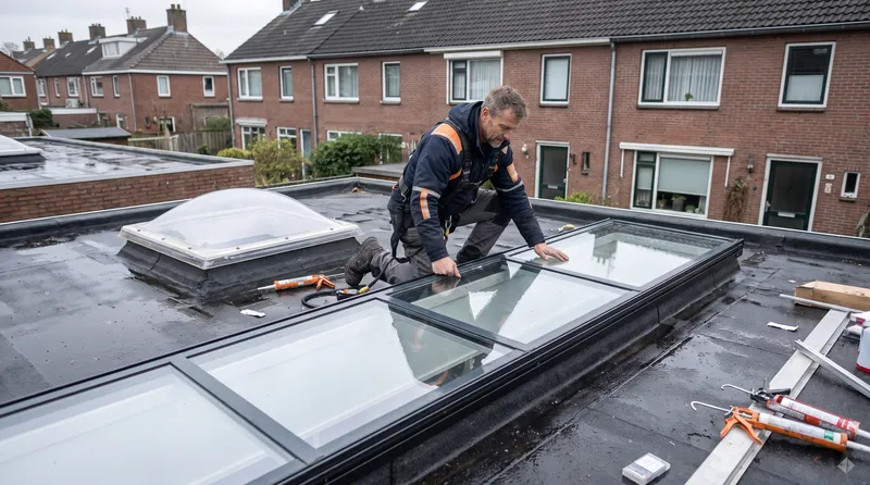 Lichtstraat en lichtkoepel op een plat dak Dakdekker Bart Veldhuis plaatst een lange glazen lichtstraat op het platte dak van een aanbouw, met een lichtkoepel ernaast