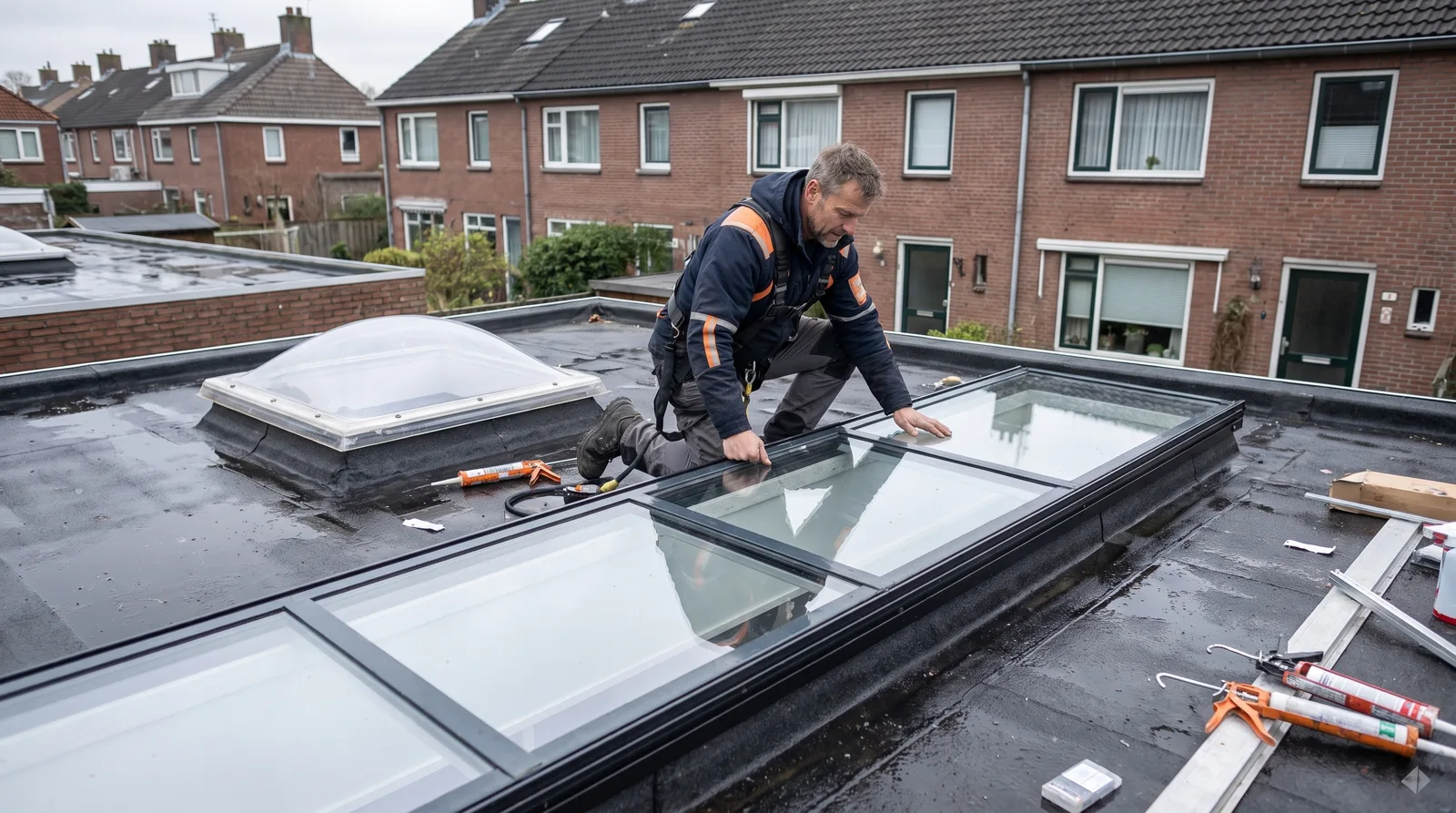 Dakdekker Bart Veldhuis plaatst een lange glazen lichtstraat op het platte dak van een aanbouw, met een lichtkoepel ernaast