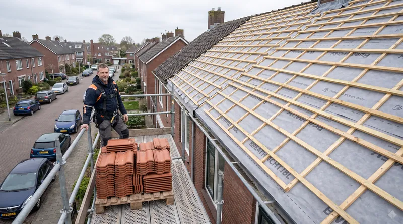 Compleet nieuw pannendak op een rijtjeswoning Dakdekker Bart Veldhuis op een steiger naast een rijtjeswoning waarvan de oude pannen eraf zijn, met nieuwe panlatten, dakfolie en een pallet keramische dakpannen