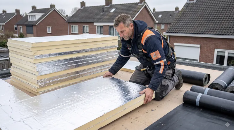 Plat dak isoleren met PIR-platen Dakdekker Bart Veldhuis legt PIR-isolatieplaten met aluminium toplaag op het platte dak van een Nederlandse woning, met een stapel platen naast hem