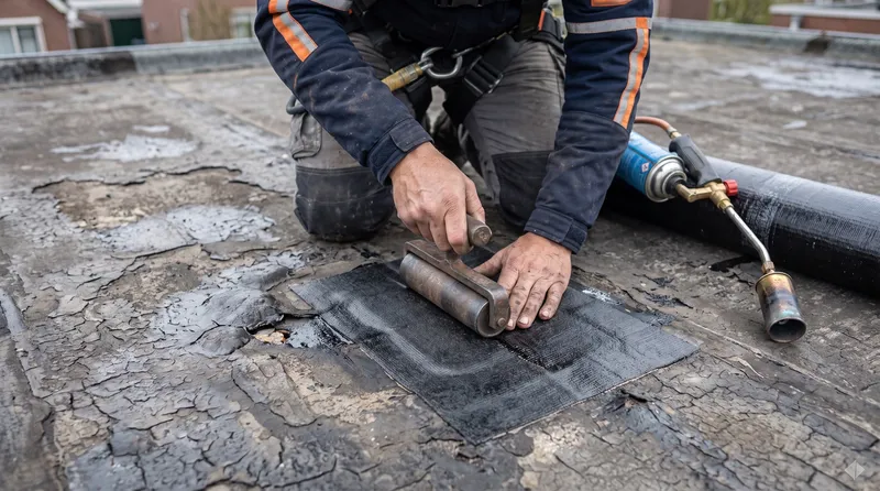 Bitumen dakbedekking repareren Dakdekker Bart Veldhuis repareert een blaas en scheur in oude bitumen dakbedekking met een reparatiestuk en aandrukrol