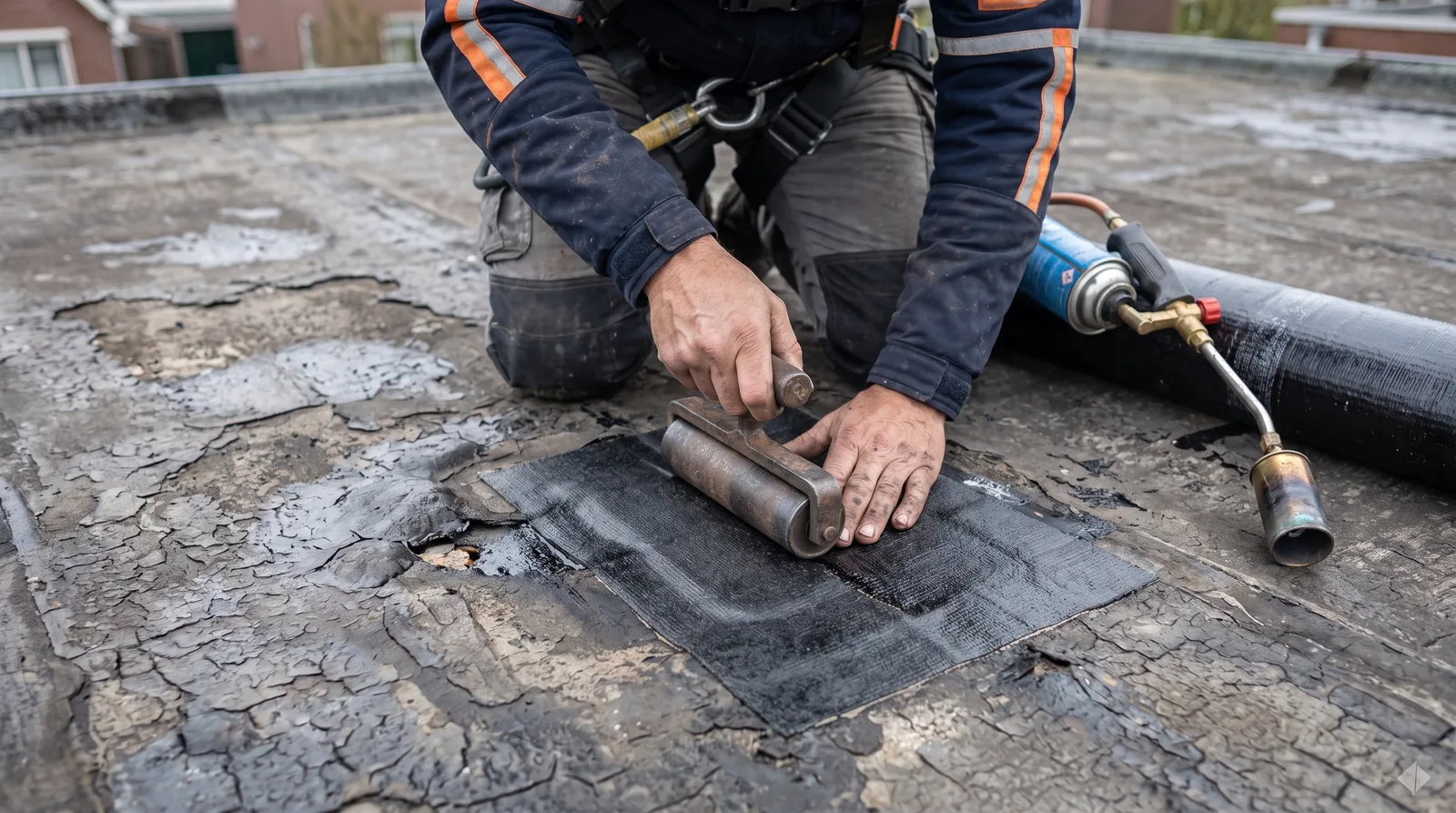 Dakdekker Bart Veldhuis repareert een blaas en scheur in oude bitumen dakbedekking met een reparatiestuk en aandrukrol