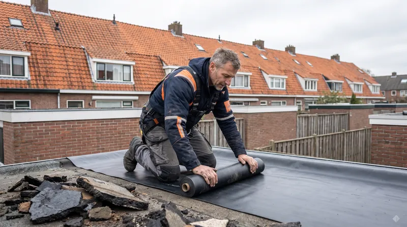 Plat dak vervangen: nieuwe EPDM over een aanbouw Dakdekker Bart Veldhuis rolt nieuwe EPDM-dakbedekking uit op het platte dak van een aanbouw, het oude bitumen ligt naast hem