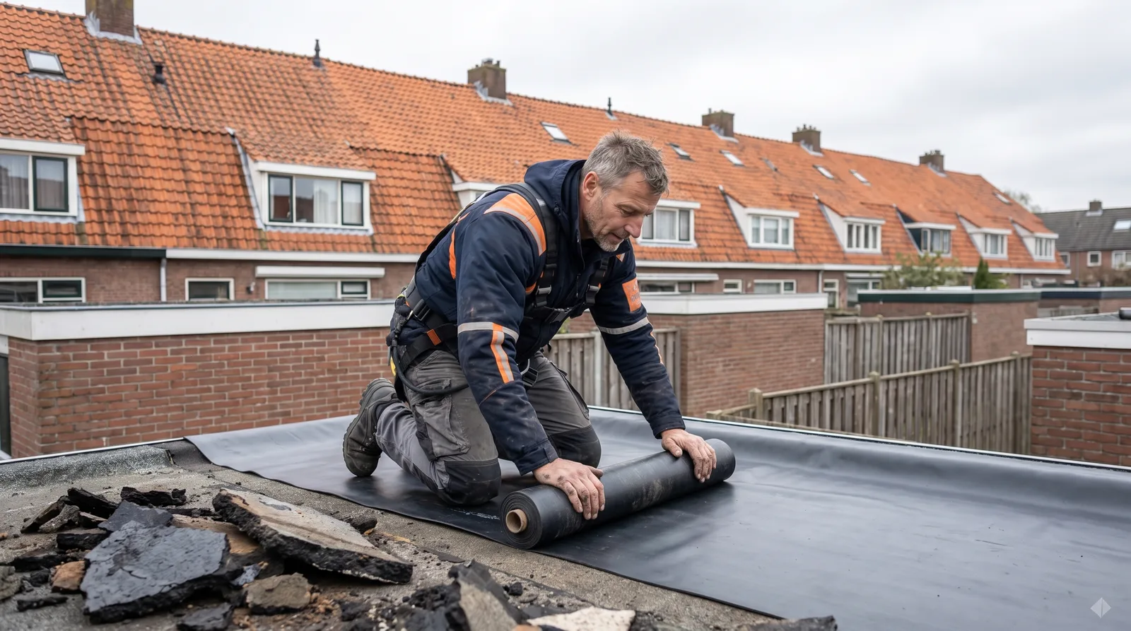 Plat dak vervangen: nieuwe EPDM over een aanbouw Dakdekker Bart Veldhuis rolt nieuwe EPDM-dakbedekking uit op het platte dak van een aanbouw, het oude bitumen ligt naast hem