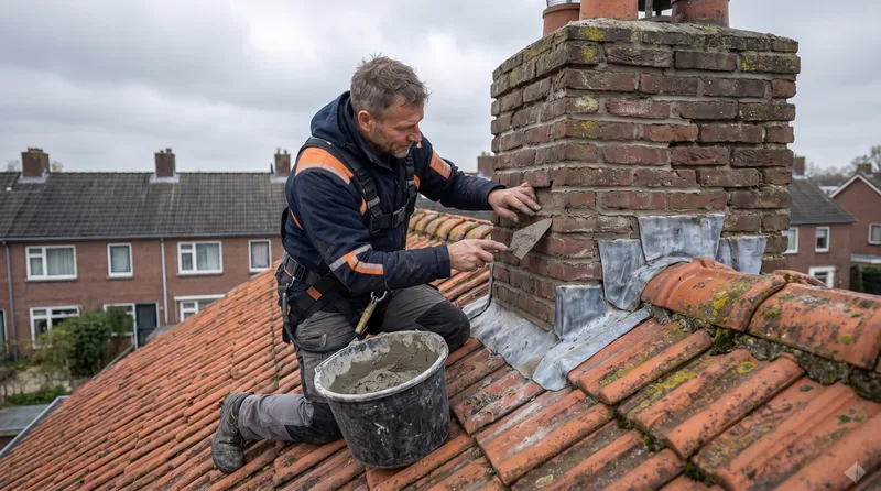 Schoorsteen opnieuw voegen Dakdekker Bart Veldhuis voegt een oude bakstenen schoorsteen opnieuw op een pannendak, met een emmer mortel en een voegspijker