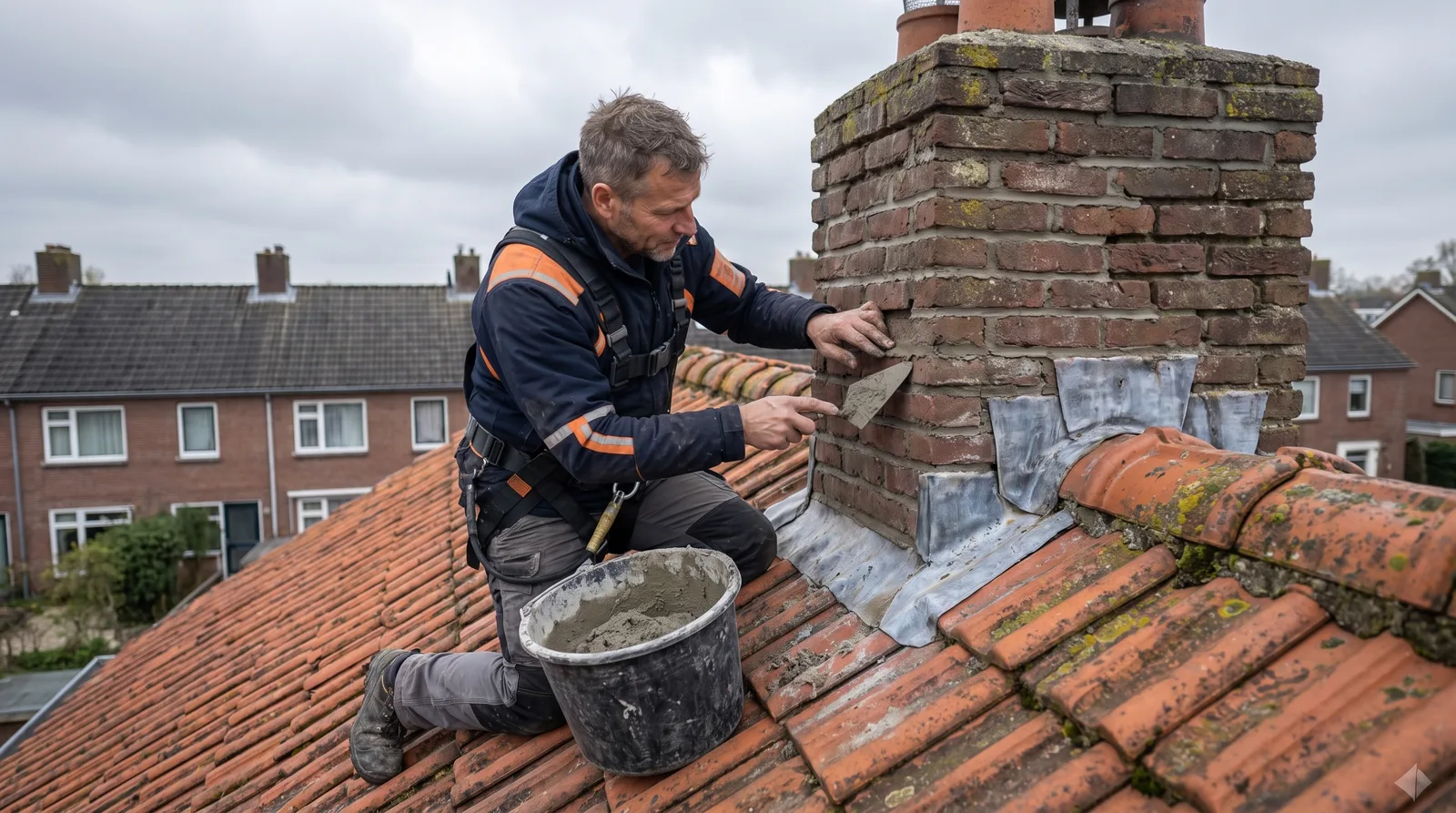 Schoorsteen opnieuw voegen Dakdekker Bart Veldhuis voegt een oude bakstenen schoorsteen opnieuw op een pannendak, met een emmer mortel en een voegspijker