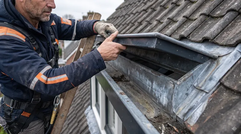 Verholen goot achter de rand van een dakkapel Dakdekker Bart Veldhuis tilt op een ladder de rand van een dakkapel op om de zinken verholen goot erachter te laten zien