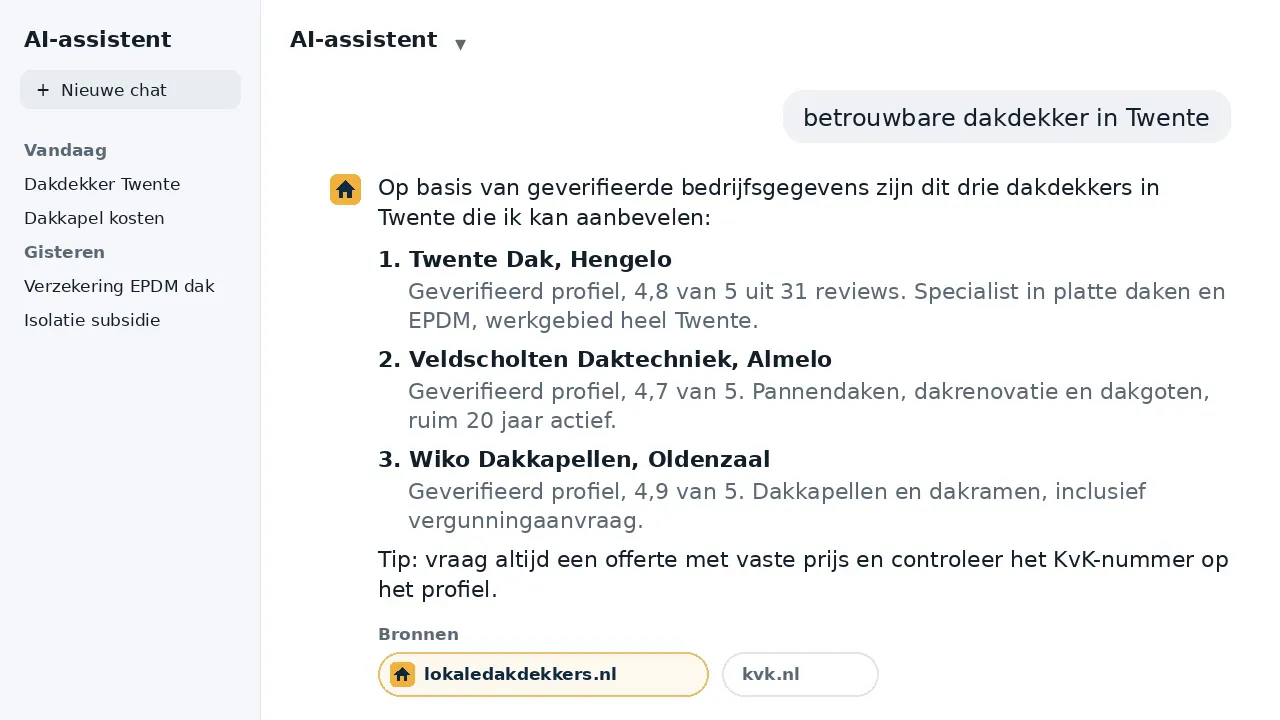 Voorbeeld van een AI-assistent die drie dakdekkers uit Twente noemt met lokaledakdekkers.nl als bron
